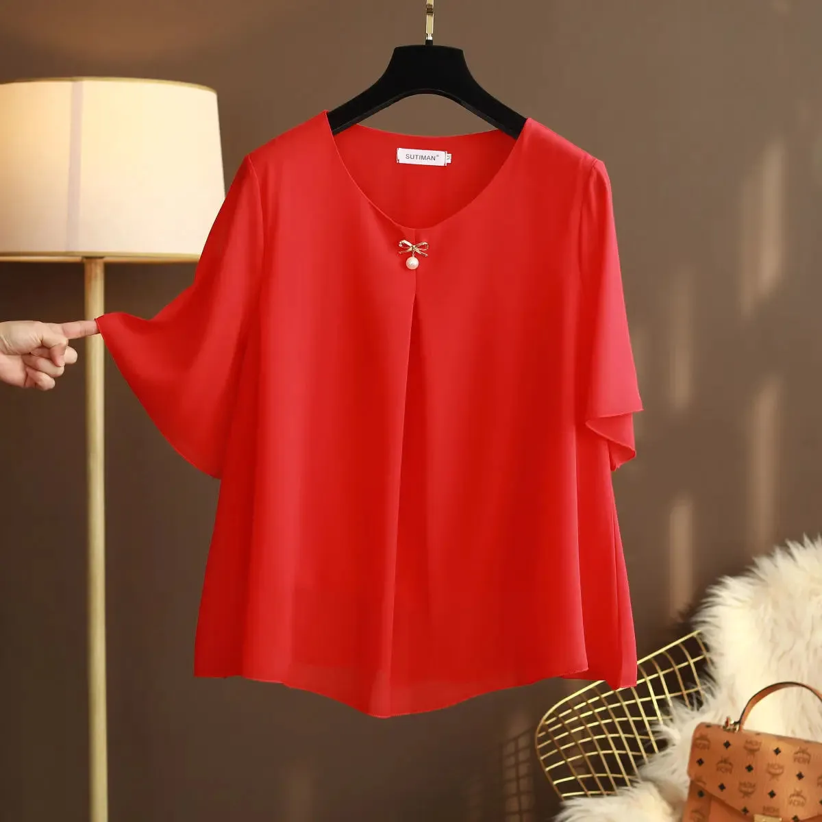 Women's Chiffon Round Neck L-6XL Tops Fashion Designer T-Shirts (Plus Size)