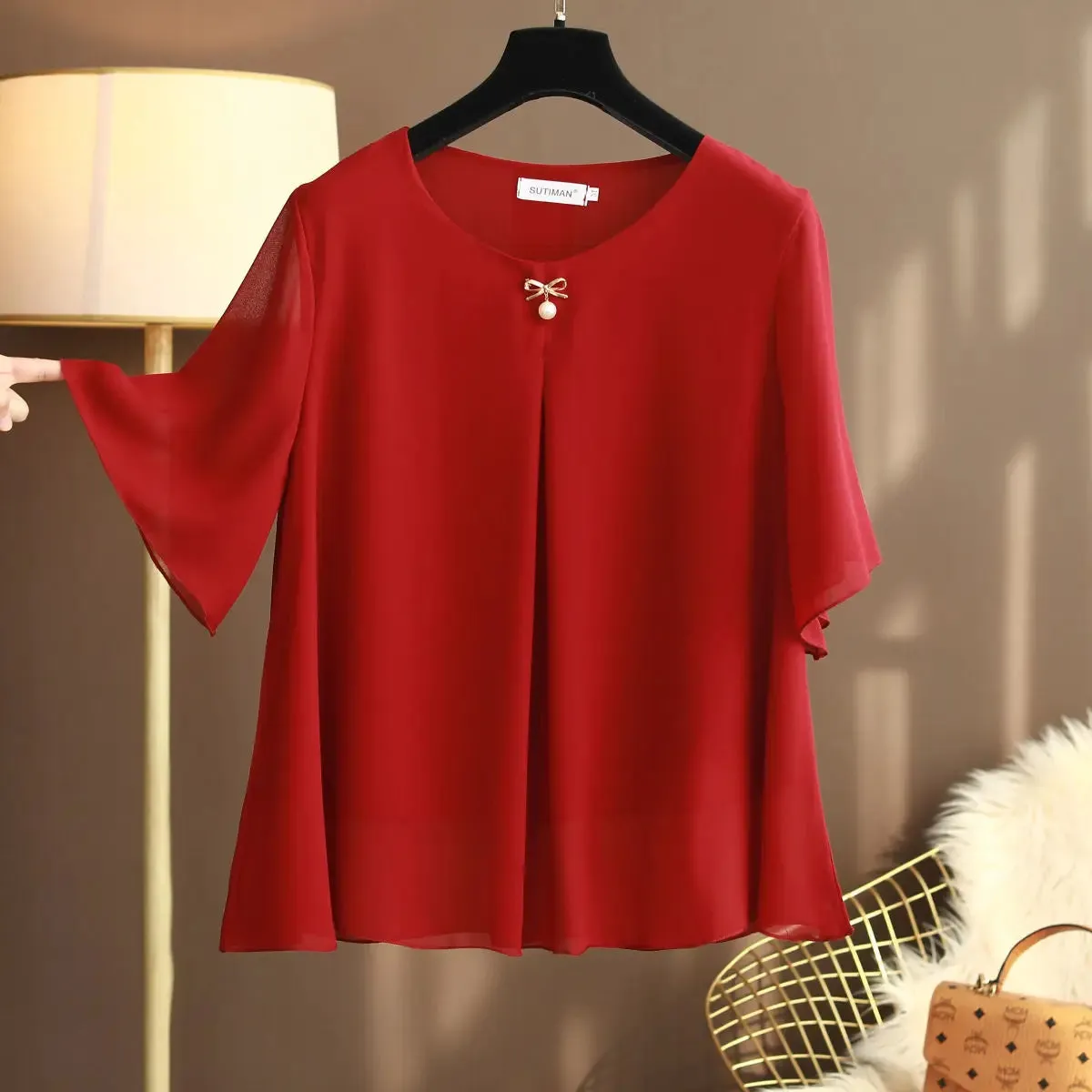 Women's Chiffon Round Neck L-6XL Tops Fashion Designer T-Shirts (Plus Size)