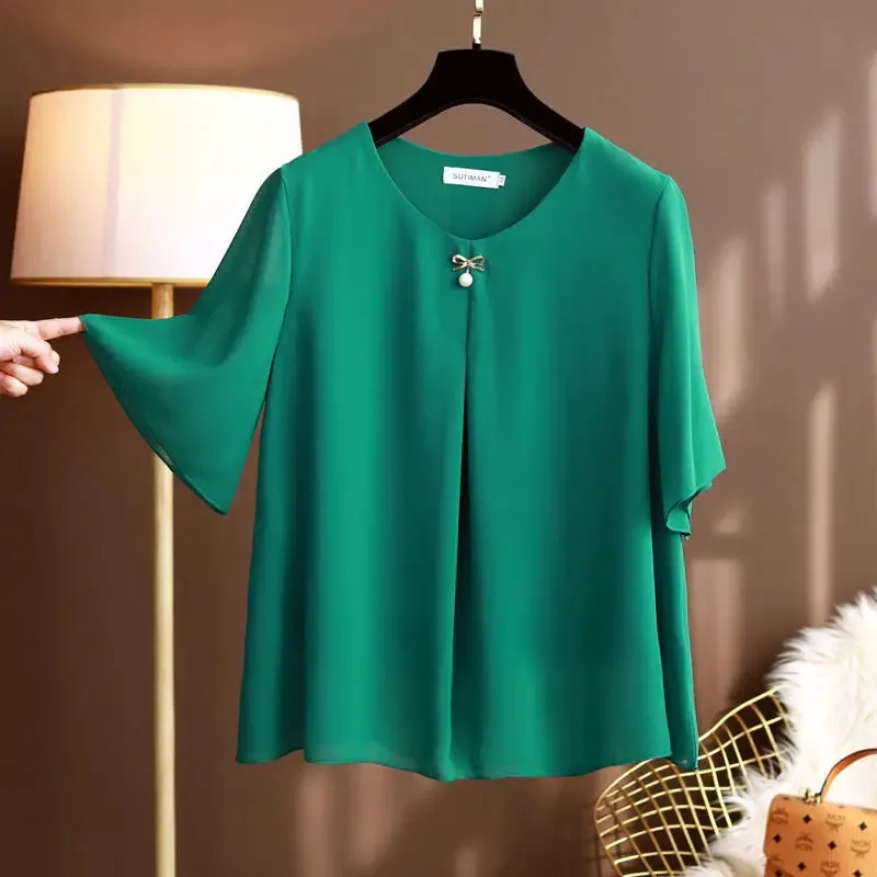 Women's Chiffon Round Neck L-6XL Tops Fashion Designer T-Shirts (Plus Size)