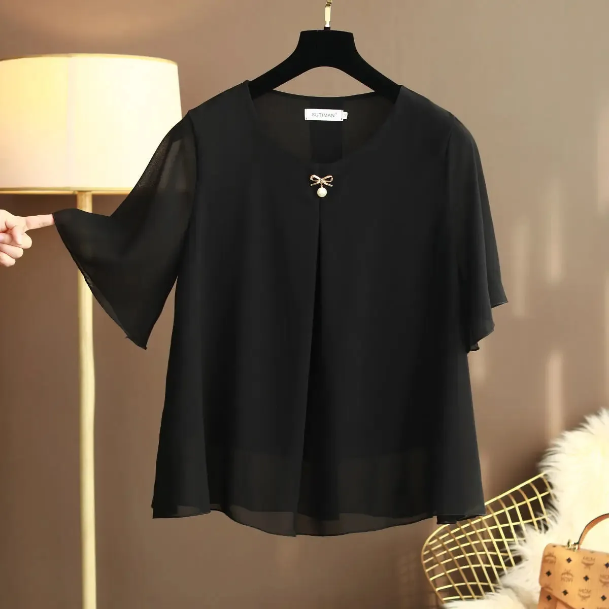 Women's Chiffon Round Neck L-6XL Tops Fashion Designer T-Shirts (Plus Size)