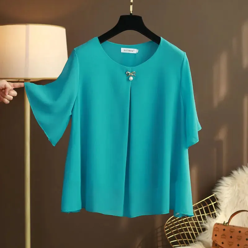 Women's Chiffon Round Neck L-6XL Tops Fashion Designer T-Shirts (Plus Size)
