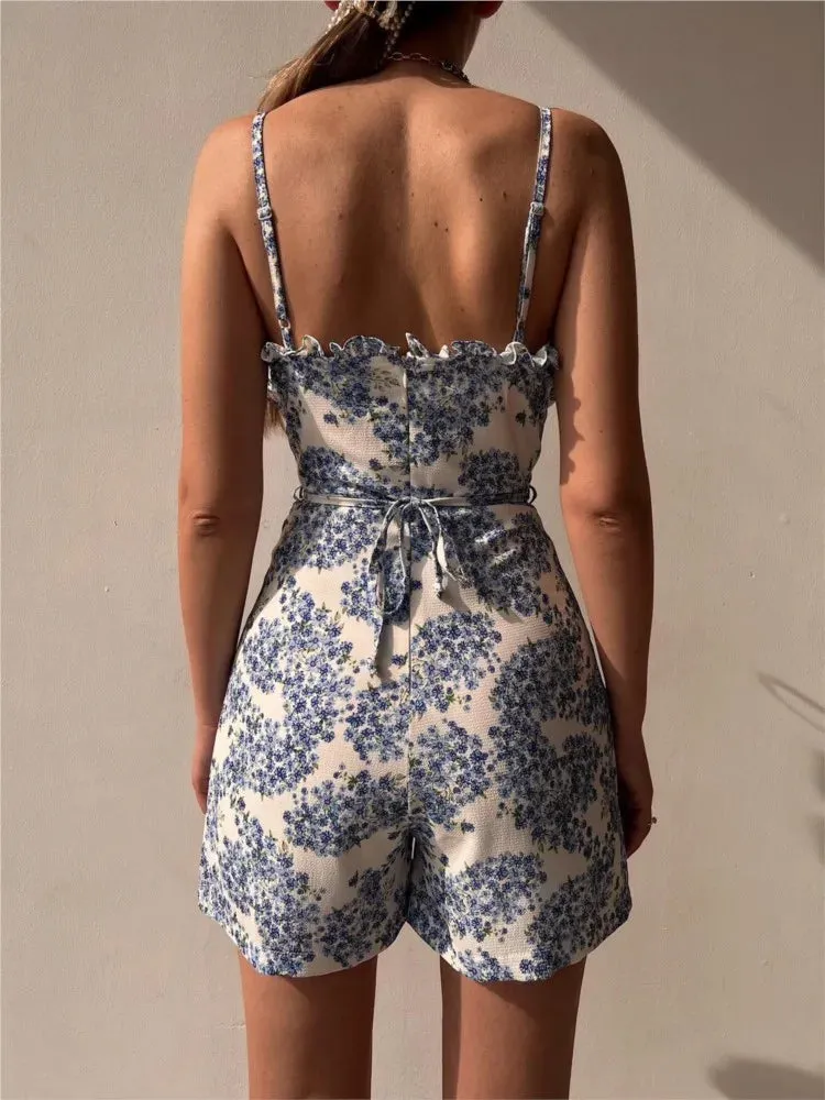 Women's Corset Floral Rompers Fashion Designer Ruffled Jumpsuits