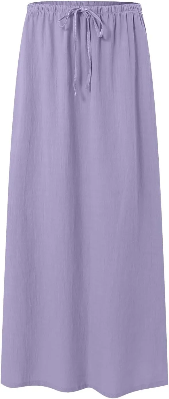 Womens Cotton Linen Maxi Skirts Summer Elastic Waist Drawstring A Line Long Flared Vacation Boho Flowy Beach Skirt