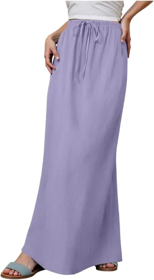 Womens Cotton Linen Maxi Skirts Summer Elastic Waist Drawstring A Line Long Flared Vacation Boho Flowy Beach Skirt