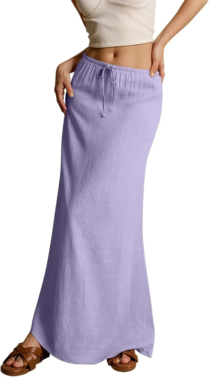 Womens Cotton Linen Maxi Skirts Summer Elastic Waist Drawstring A Line Long Flared Vacation Boho Flowy Beach Skirt
