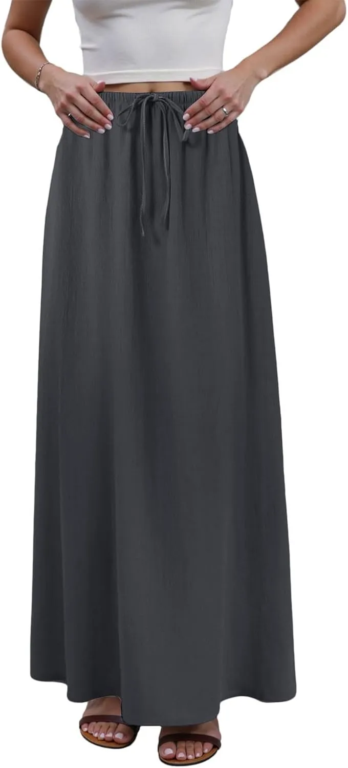 Womens Cotton Linen Maxi Skirts Summer Elastic Waist Drawstring A Line Long Flared Vacation Boho Flowy Beach Skirt