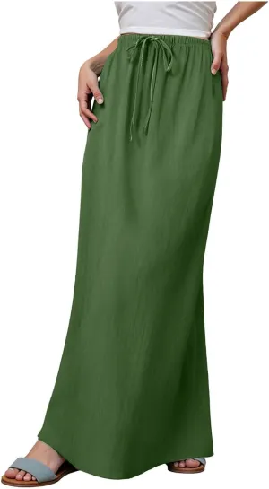 Womens Cotton Linen Maxi Skirts Summer Elastic Waist Drawstring A Line Long Flared Vacation Boho Flowy Beach Skirt