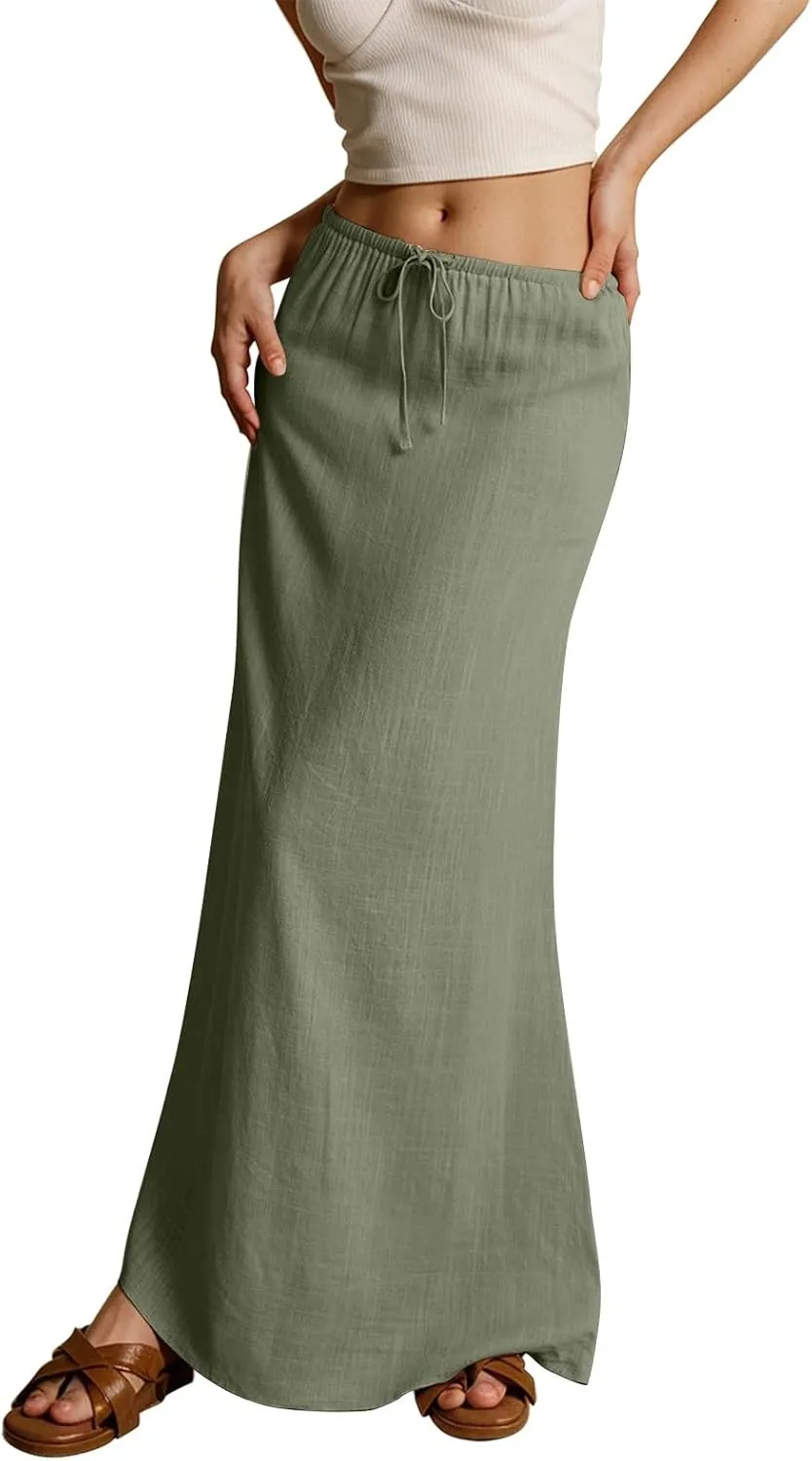 Womens Cotton Linen Maxi Skirts Summer Elastic Waist Drawstring A Line Long Flared Vacation Boho Flowy Beach Skirt