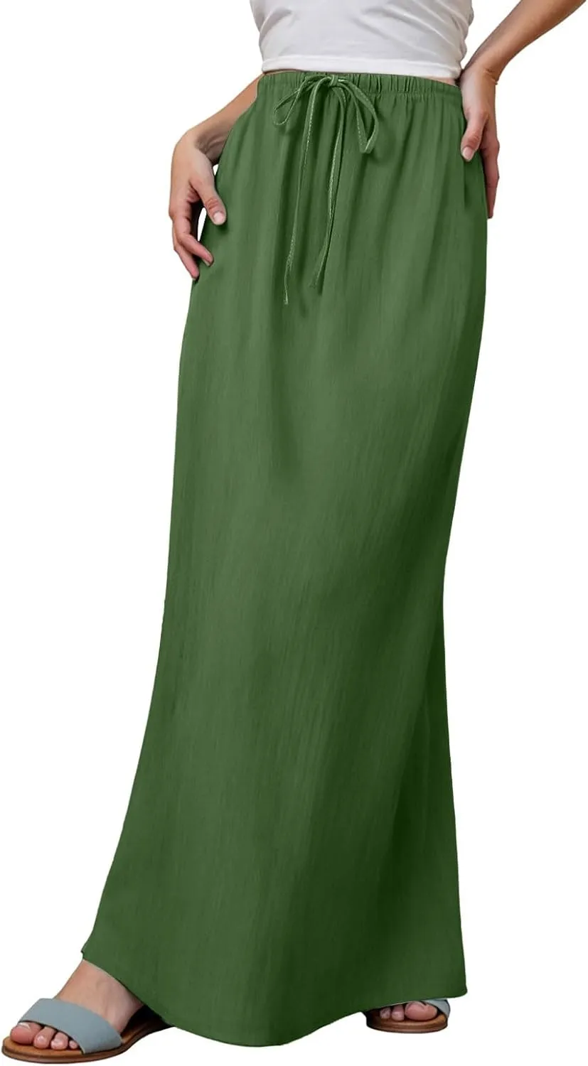 Womens Cotton Linen Maxi Skirts Summer Elastic Waist Drawstring A Line Long Flared Vacation Boho Flowy Beach Skirt