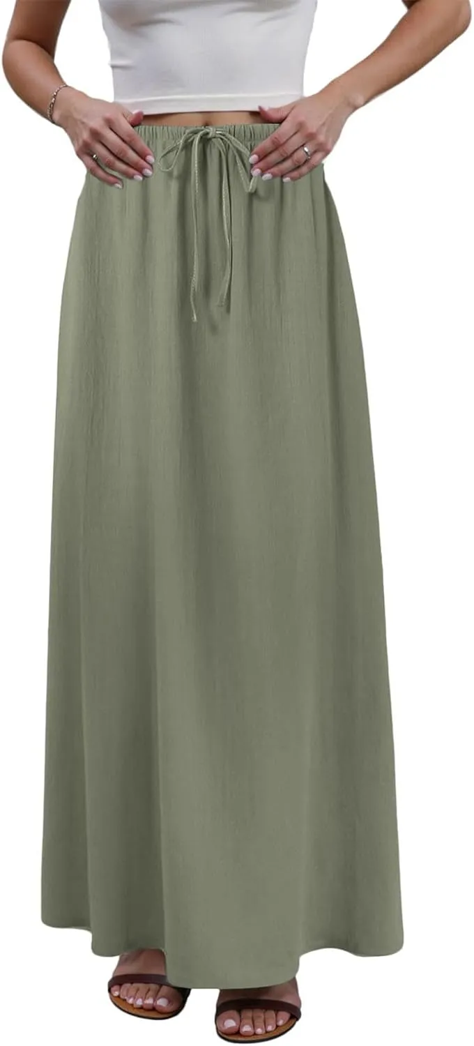 Womens Cotton Linen Maxi Skirts Summer Elastic Waist Drawstring A Line Long Flared Vacation Boho Flowy Beach Skirt