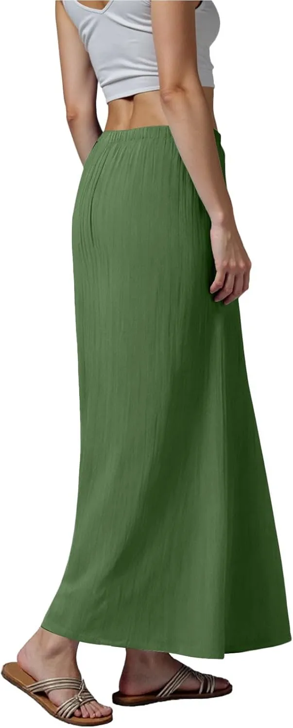 Womens Cotton Linen Maxi Skirts Summer Elastic Waist Drawstring A Line Long Flared Vacation Boho Flowy Beach Skirt