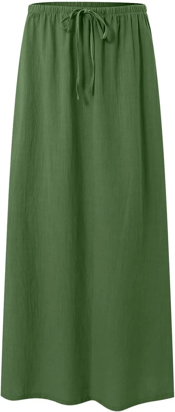 Womens Cotton Linen Maxi Skirts Summer Elastic Waist Drawstring A Line Long Flared Vacation Boho Flowy Beach Skirt