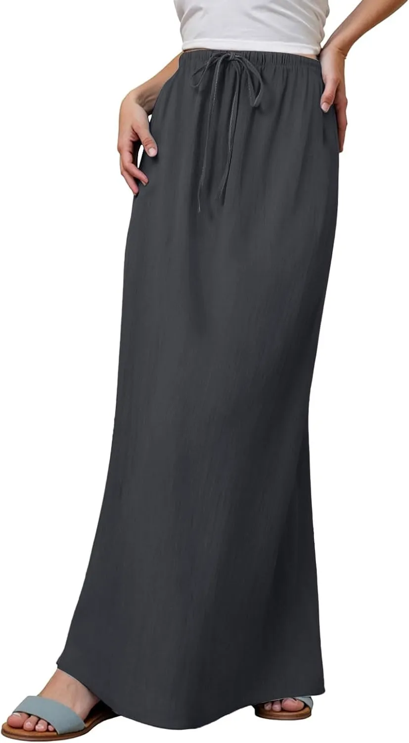 Womens Cotton Linen Maxi Skirts Summer Elastic Waist Drawstring A Line Long Flared Vacation Boho Flowy Beach Skirt