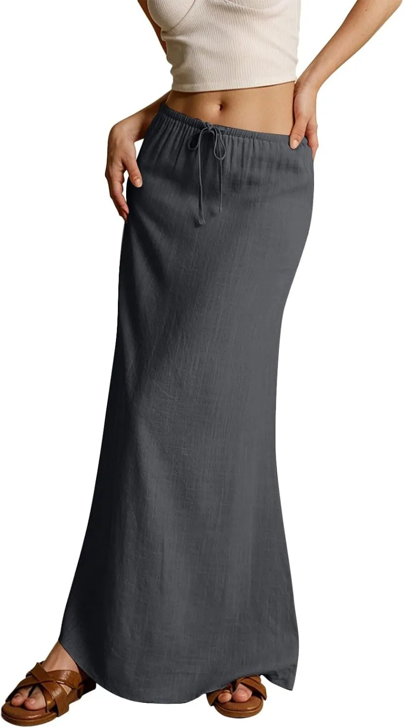 Womens Cotton Linen Maxi Skirts Summer Elastic Waist Drawstring A Line Long Flared Vacation Boho Flowy Beach Skirt