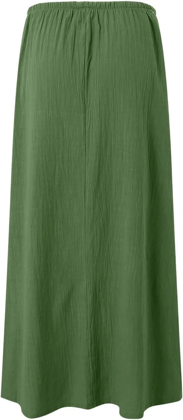 Womens Cotton Linen Maxi Skirts Summer Elastic Waist Drawstring A Line Long Flared Vacation Boho Flowy Beach Skirt