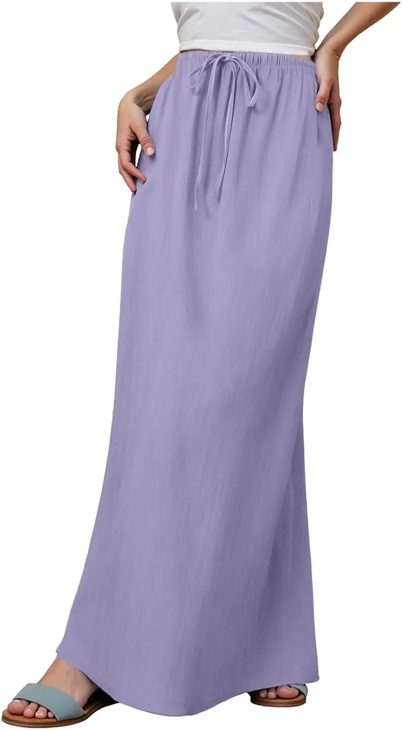 Womens Cotton Linen Maxi Skirts Summer Elastic Waist Drawstring A Line Long Flared Vacation Boho Flowy Beach Skirt