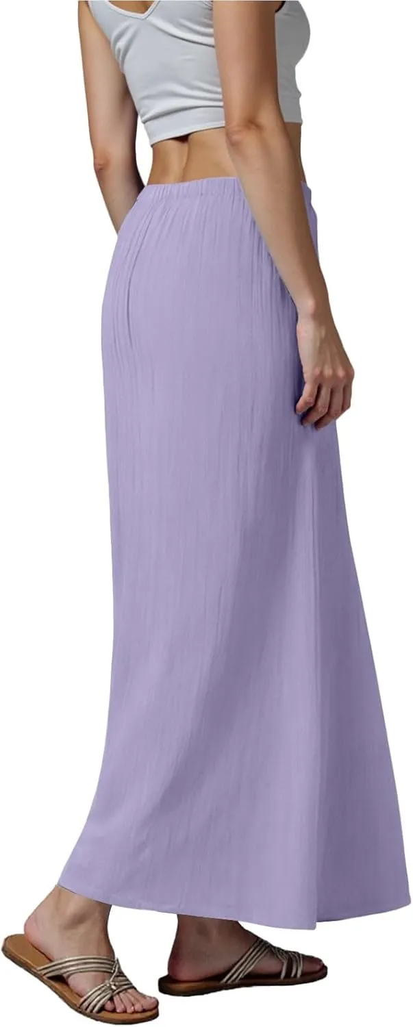 Womens Cotton Linen Maxi Skirts Summer Elastic Waist Drawstring A Line Long Flared Vacation Boho Flowy Beach Skirt