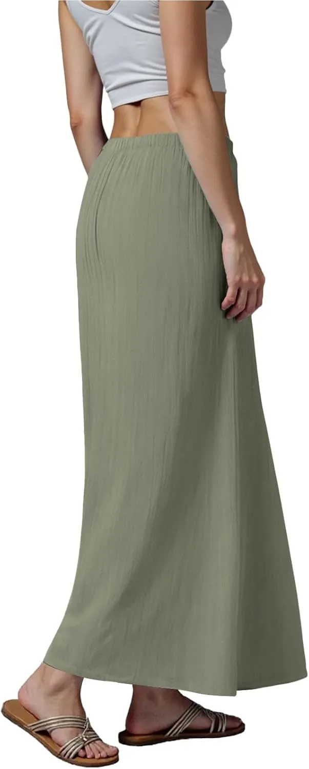 Womens Cotton Linen Maxi Skirts Summer Elastic Waist Drawstring A Line Long Flared Vacation Boho Flowy Beach Skirt