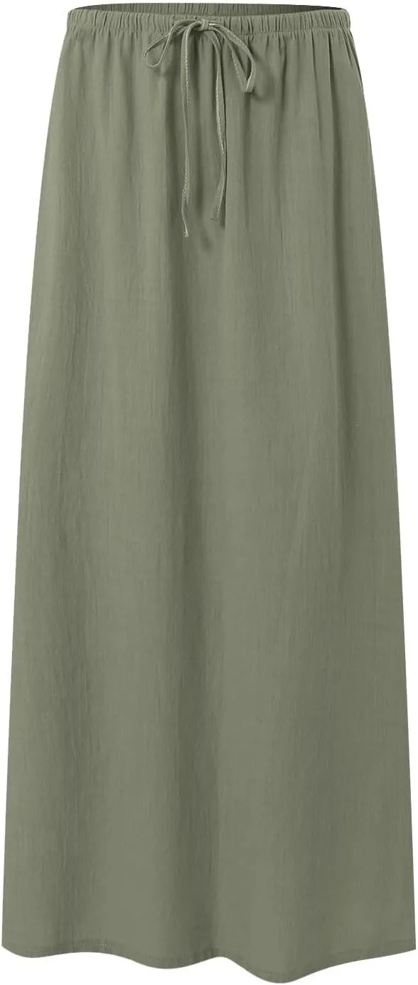 Womens Cotton Linen Maxi Skirts Summer Elastic Waist Drawstring A Line Long Flared Vacation Boho Flowy Beach Skirt