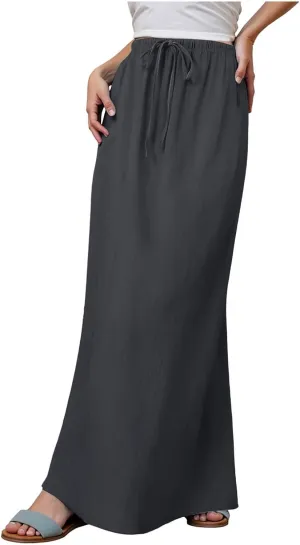 Womens Cotton Linen Maxi Skirts Summer Elastic Waist Drawstring A Line Long Flared Vacation Boho Flowy Beach Skirt