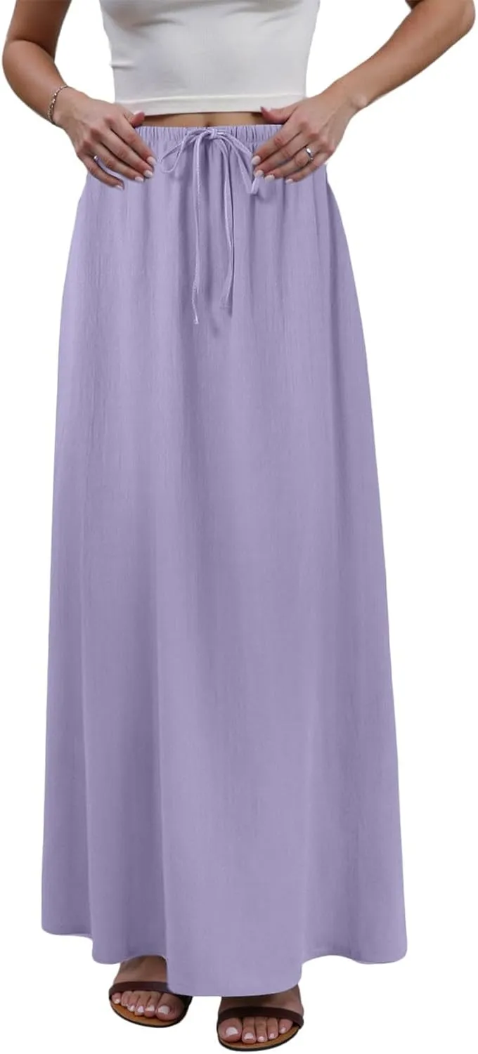 Womens Cotton Linen Maxi Skirts Summer Elastic Waist Drawstring A Line Long Flared Vacation Boho Flowy Beach Skirt