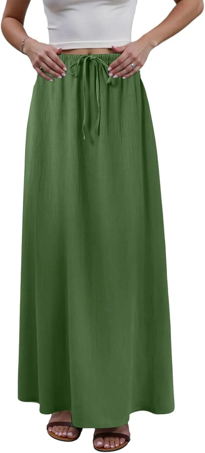 Womens Cotton Linen Maxi Skirts Summer Elastic Waist Drawstring A Line Long Flared Vacation Boho Flowy Beach Skirt