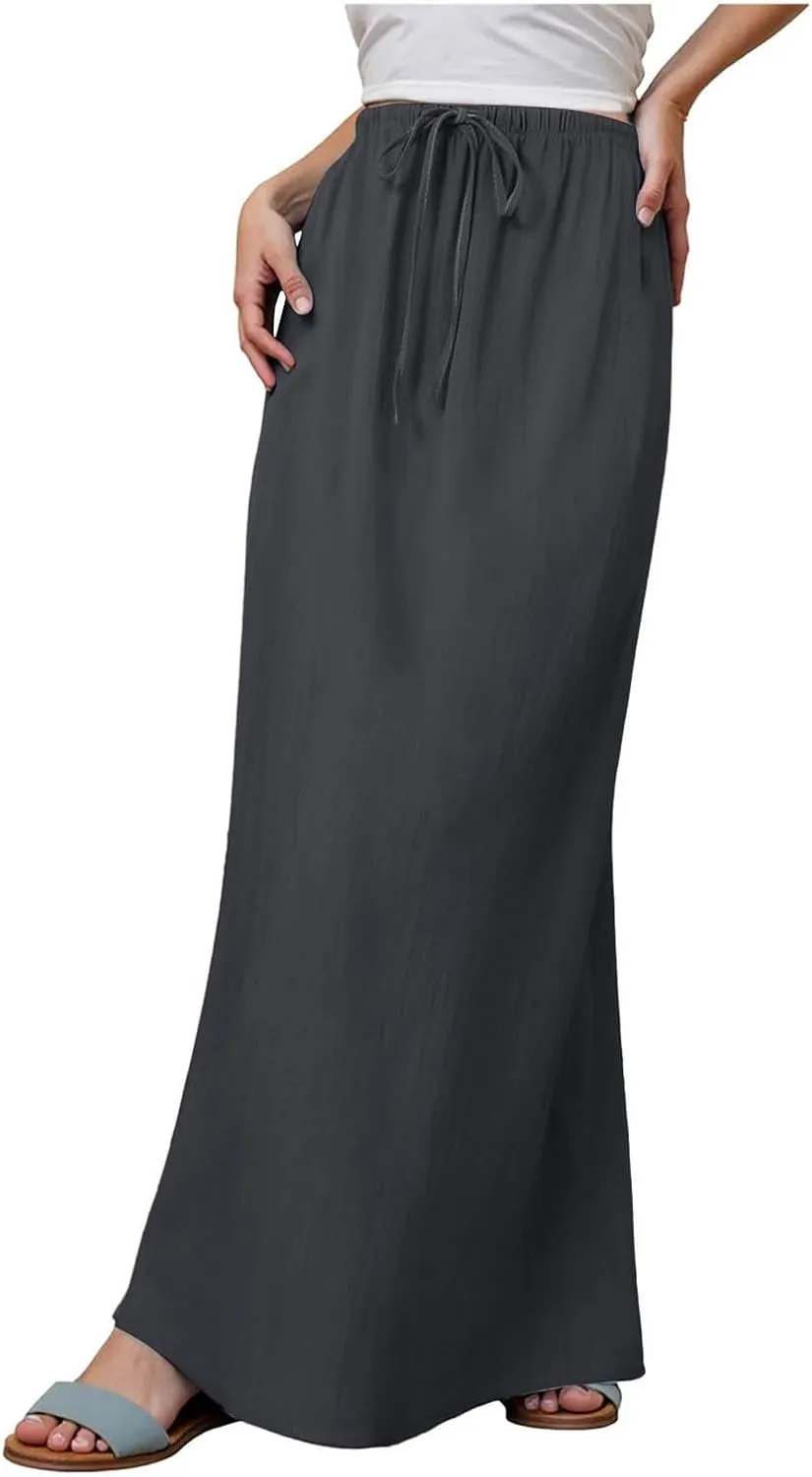 Womens Cotton Linen Maxi Skirts Summer Elastic Waist Drawstring A Line Long Flared Vacation Boho Flowy Beach Skirt