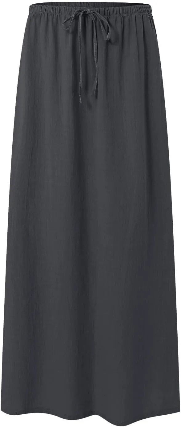 Womens Cotton Linen Maxi Skirts Summer Elastic Waist Drawstring A Line Long Flared Vacation Boho Flowy Beach Skirt