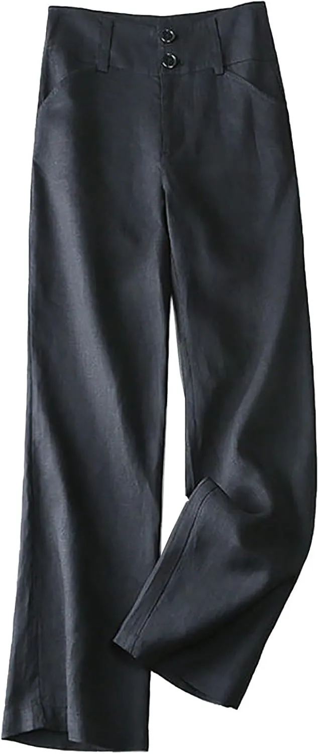 Women's Cotton Linen Pants Casual Straight Wide Leg Trousers Comfy Lounge Slacks with Pockets Beach Vacation Clothes