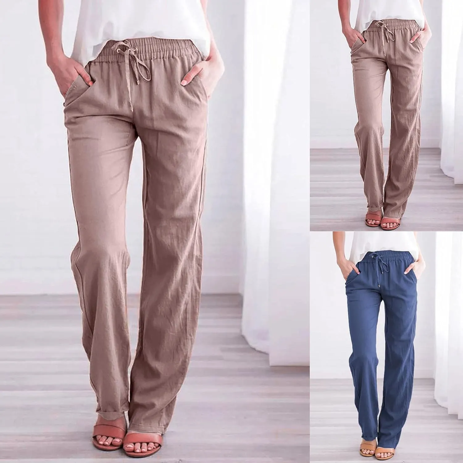 Womens Cotton Linen Pants Drawstring High Waisted Straight Leg Pants Dressy Casual Work Pants Plus Size Summer Trouser