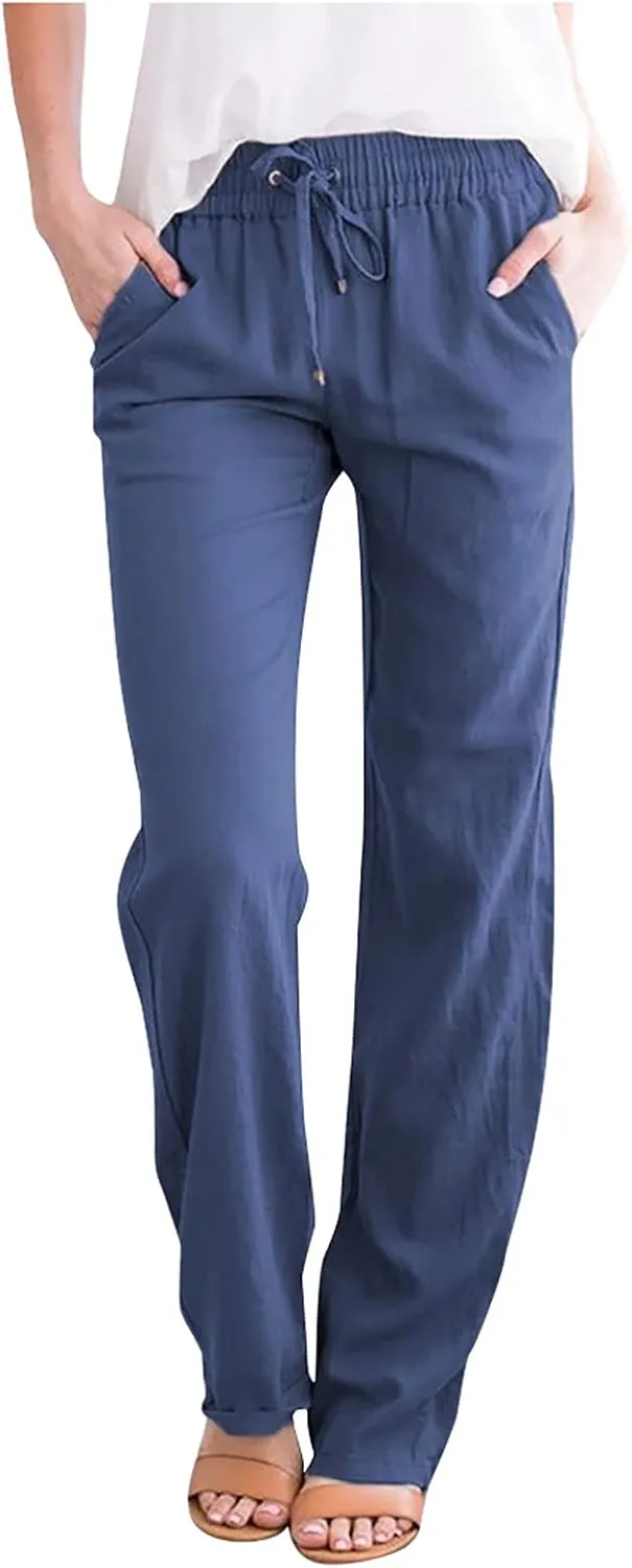 Womens Cotton Linen Pants Drawstring High Waisted Straight Leg Pants Dressy Casual Work Pants Plus Size Summer Trouser