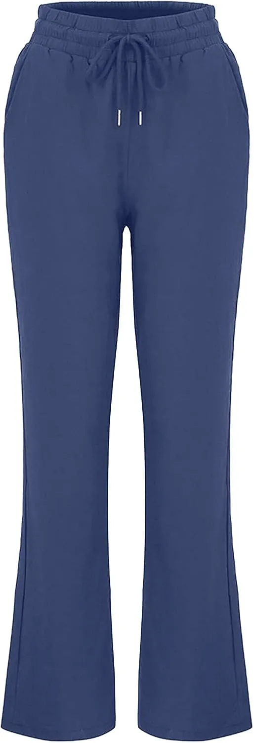Womens Cotton Linen Pants Drawstring High Waisted Straight Leg Pants Dressy Casual Work Pants Plus Size Summer Trouser