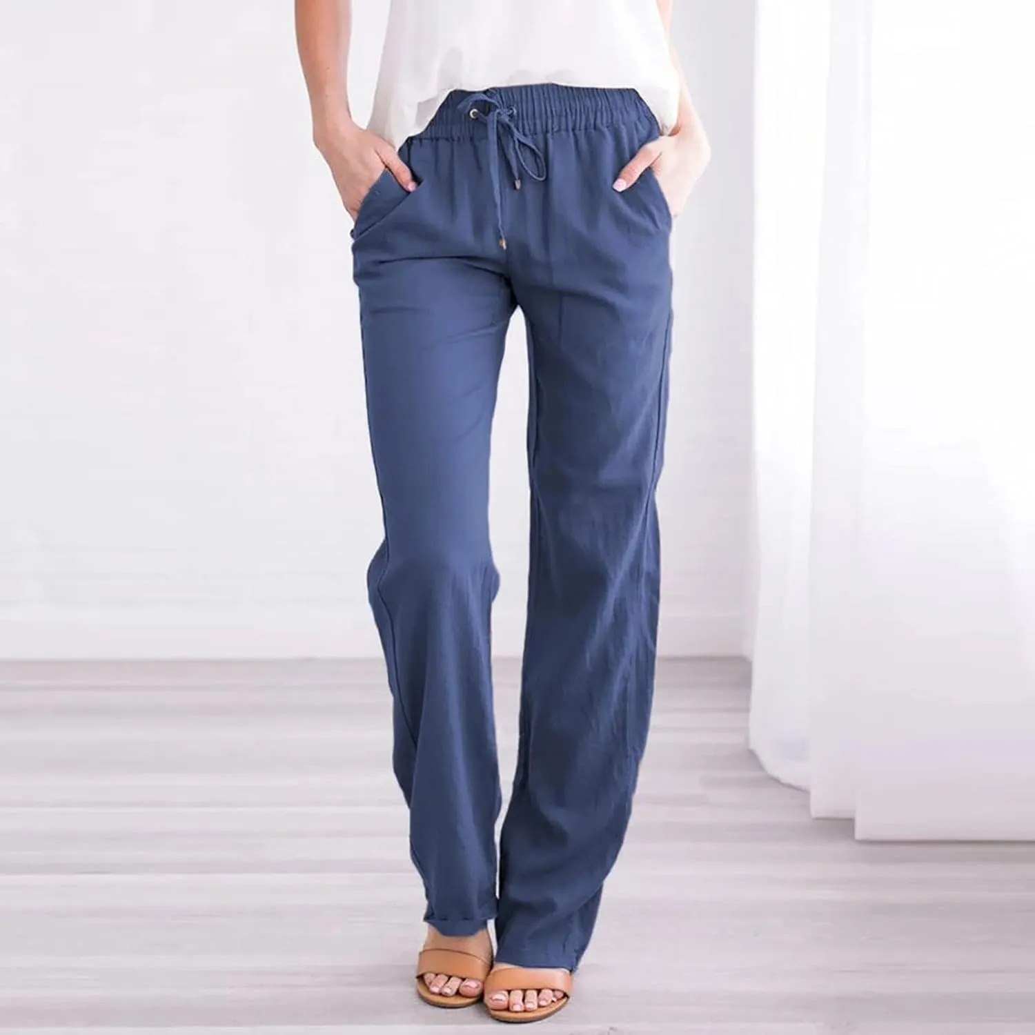 Womens Cotton Linen Pants Drawstring High Waisted Straight Leg Pants Dressy Casual Work Pants Plus Size Summer Trouser