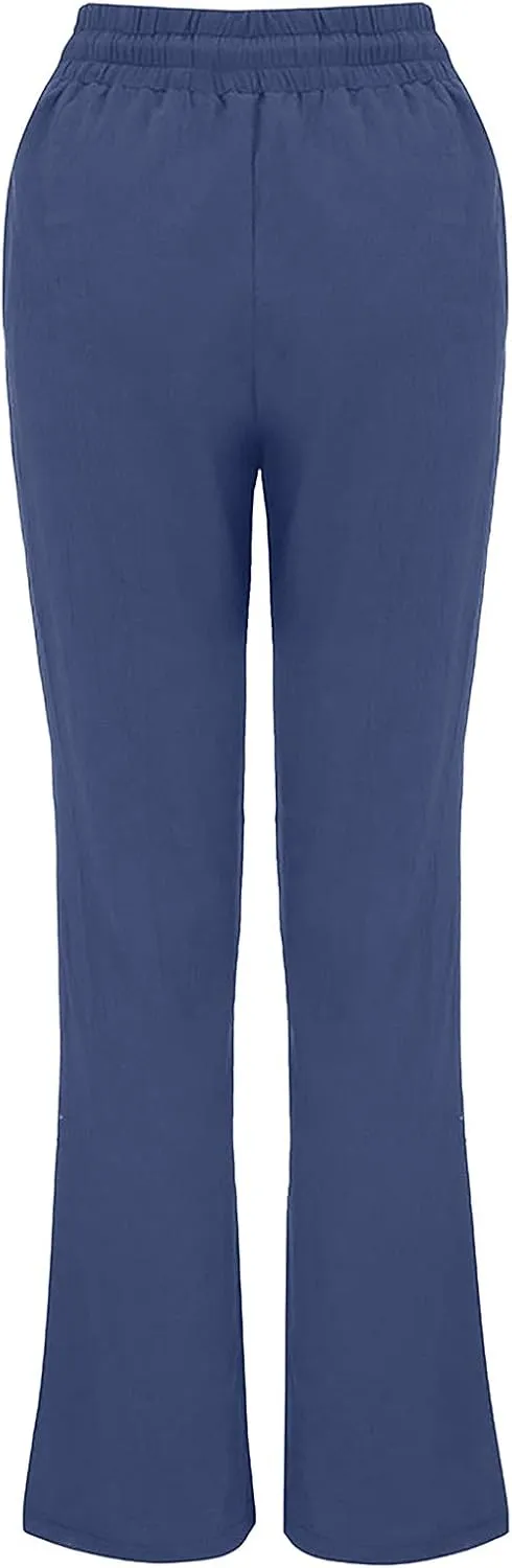Womens Cotton Linen Pants Drawstring High Waisted Straight Leg Pants Dressy Casual Work Pants Plus Size Summer Trouser