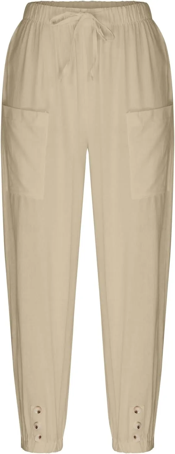 Womens Cotton Linen Pants Drawstring Jogger Pant Summer Loose Beach Trousers with Pockets Vacation Travel Clothes