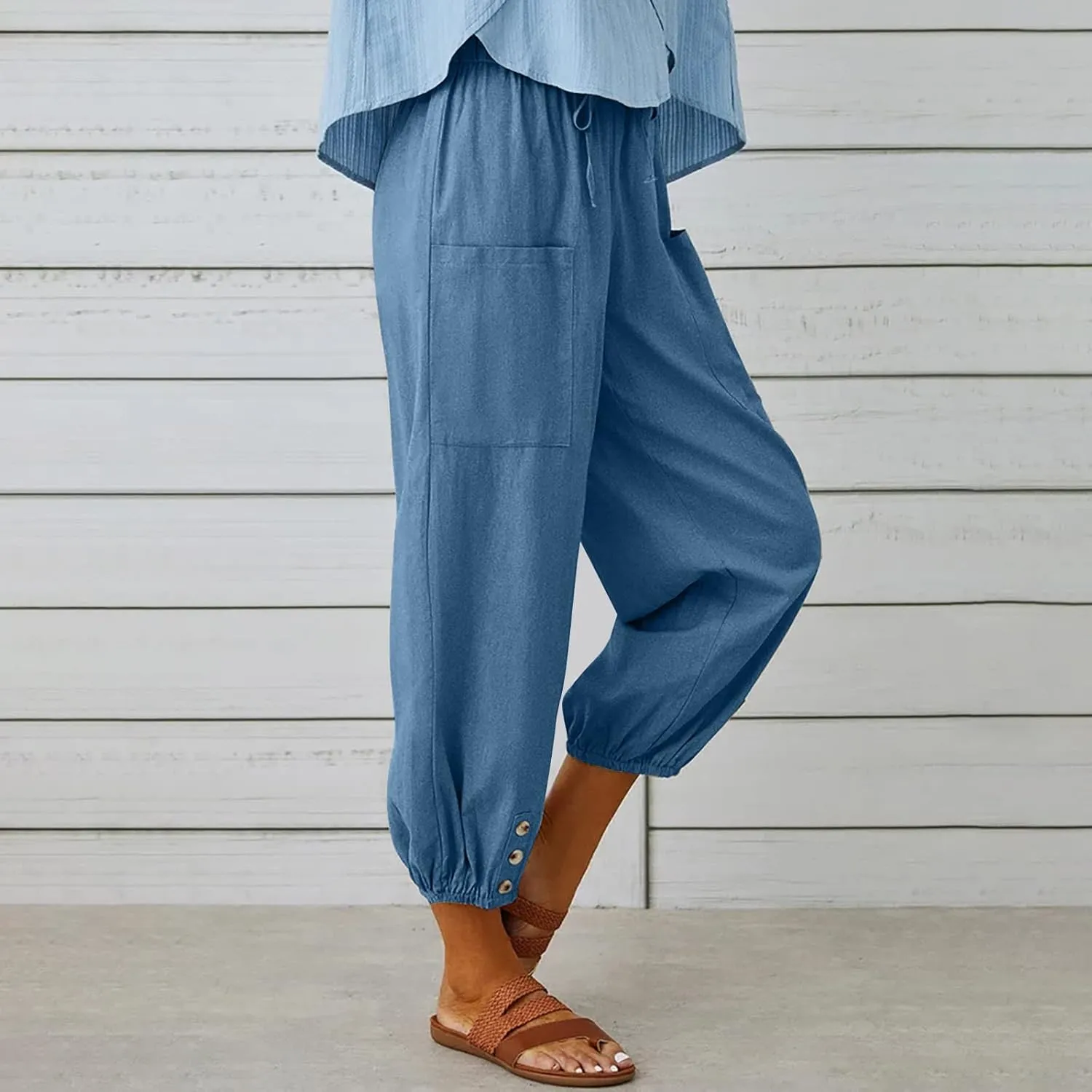Womens Cotton Linen Pants Drawstring Jogger Pant Summer Loose Beach Trousers with Pockets Vacation Travel Clothes