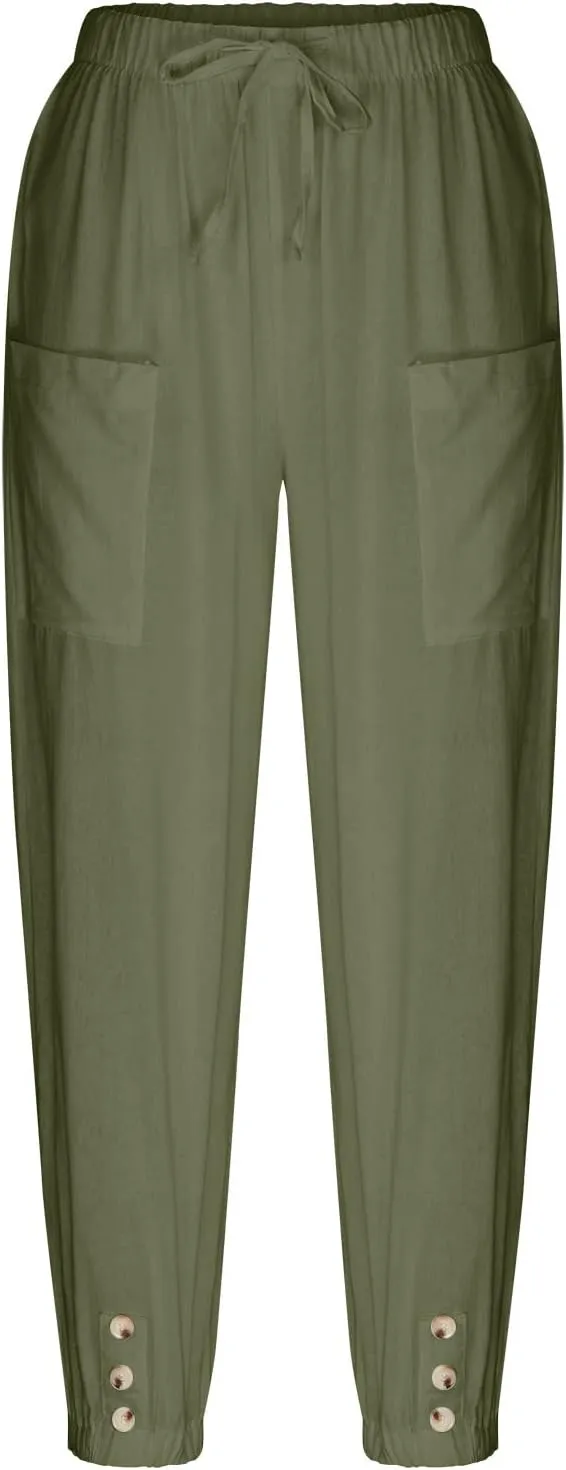 Womens Cotton Linen Pants Drawstring Jogger Pant Summer Loose Beach Trousers with Pockets Vacation Travel Clothes