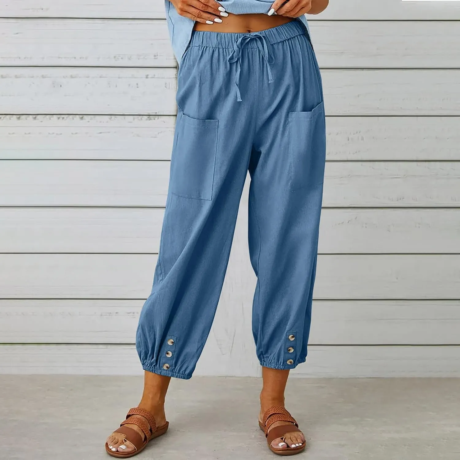 Womens Cotton Linen Pants Drawstring Jogger Pant Summer Loose Beach Trousers with Pockets Vacation Travel Clothes