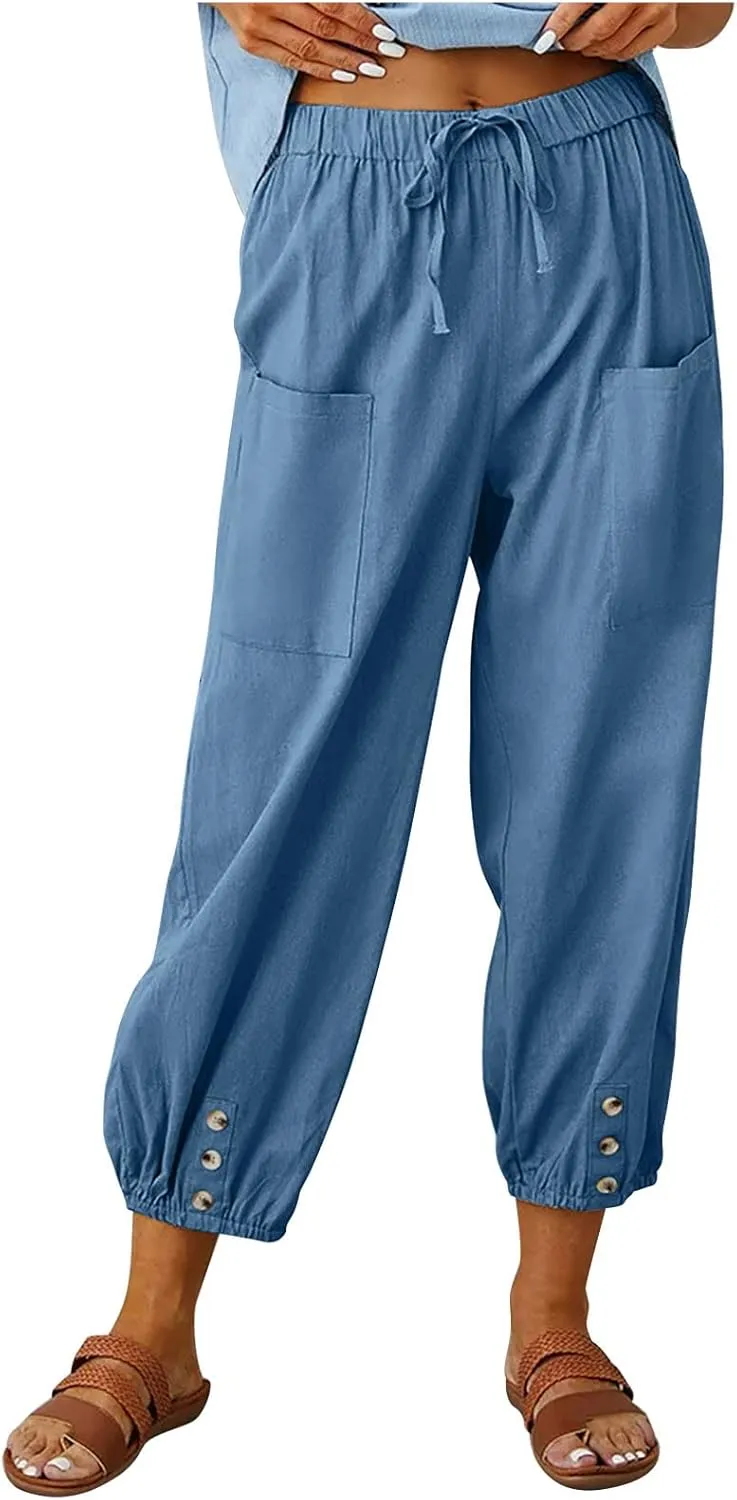 Womens Cotton Linen Pants Drawstring Jogger Pant Summer Loose Beach Trousers with Pockets Vacation Travel Clothes