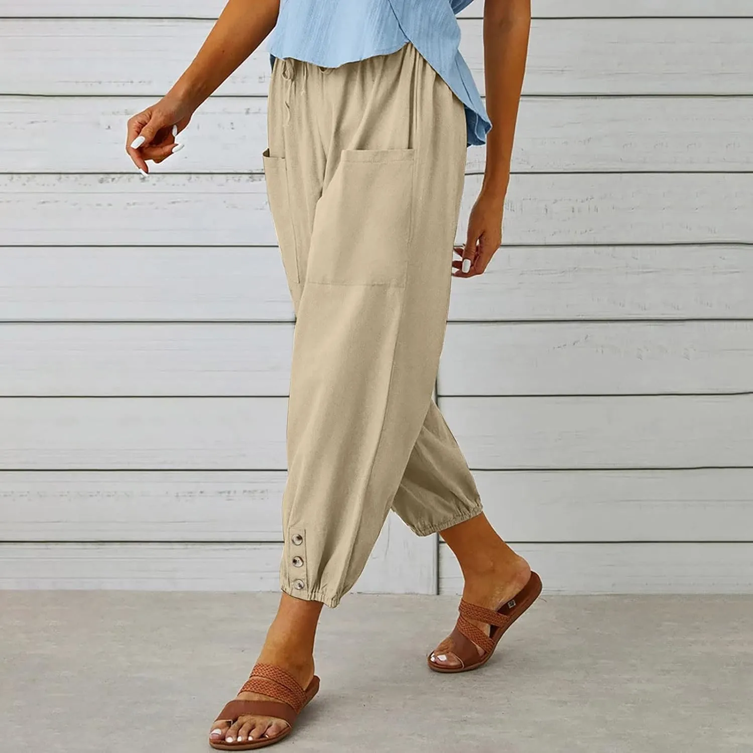 Womens Cotton Linen Pants Drawstring Jogger Pant Summer Loose Beach Trousers with Pockets Vacation Travel Clothes