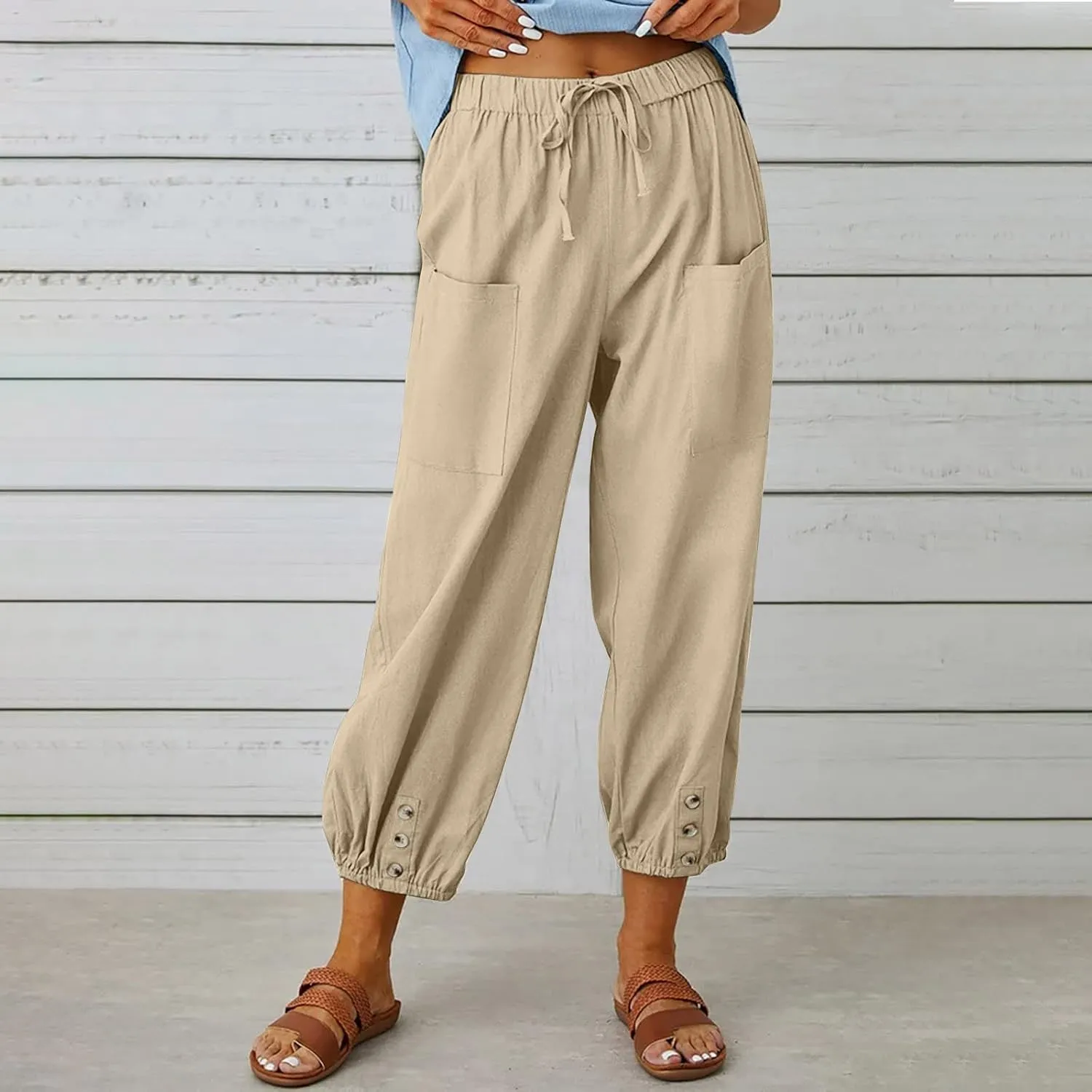 Womens Cotton Linen Pants Drawstring Jogger Pant Summer Loose Beach Trousers with Pockets Vacation Travel Clothes