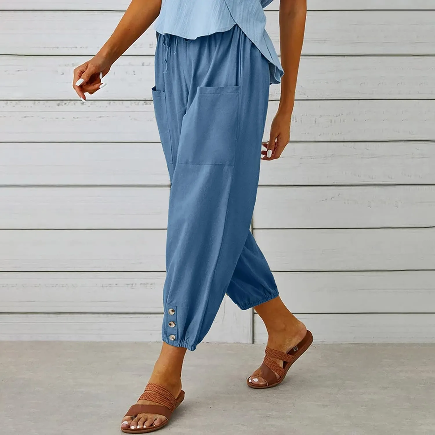 Womens Cotton Linen Pants Drawstring Jogger Pant Summer Loose Beach Trousers with Pockets Vacation Travel Clothes