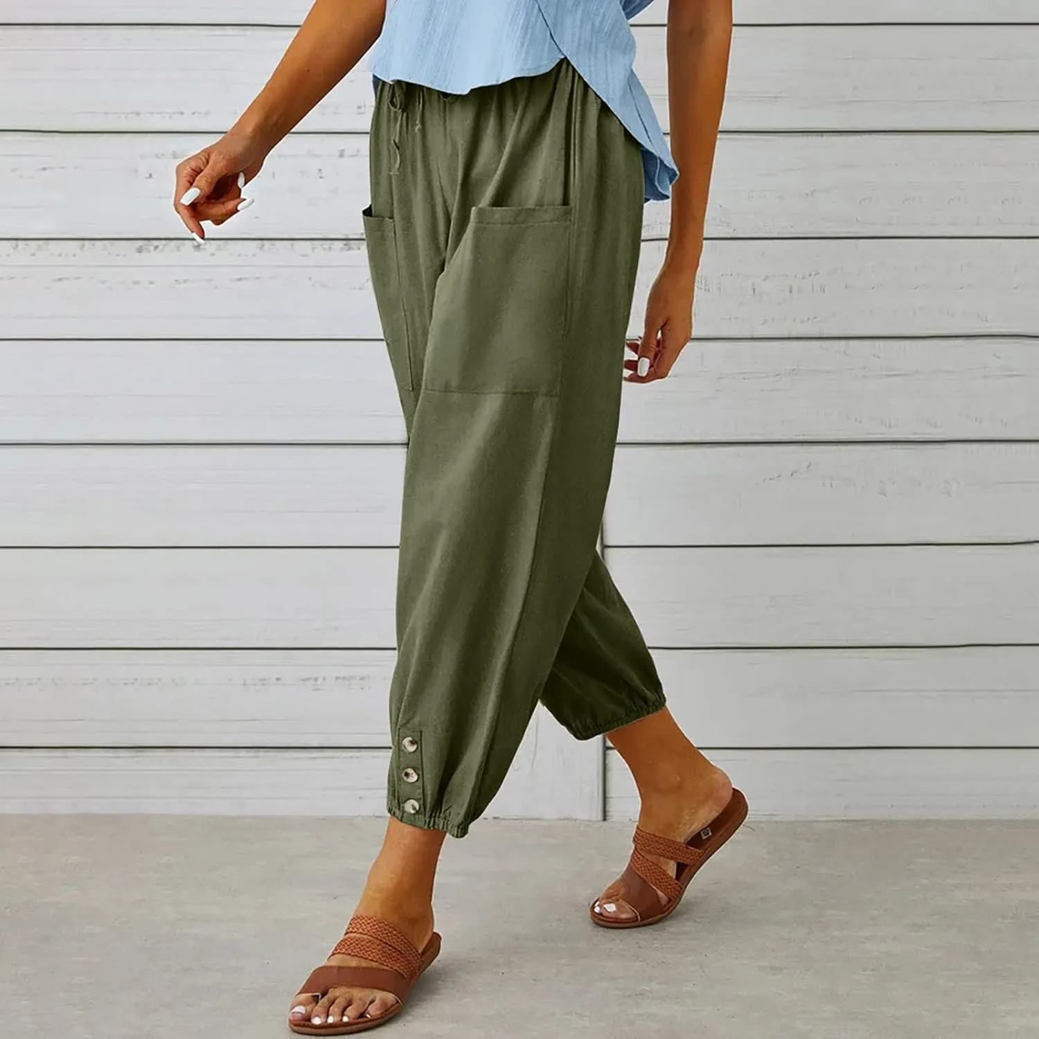 Womens Cotton Linen Pants Drawstring Jogger Pant Summer Loose Beach Trousers with Pockets Vacation Travel Clothes