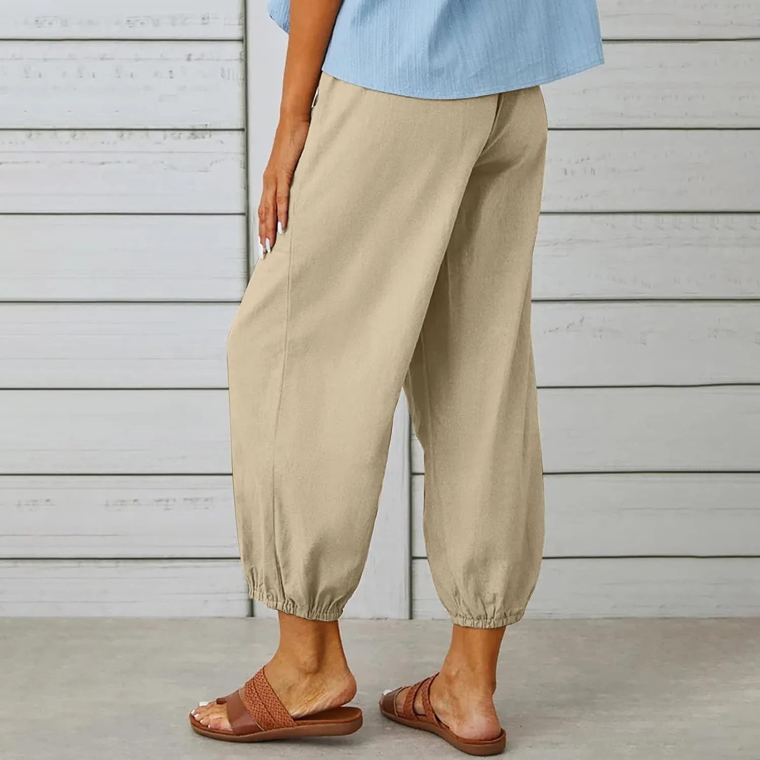 Womens Cotton Linen Pants Drawstring Jogger Pant Summer Loose Beach Trousers with Pockets Vacation Travel Clothes