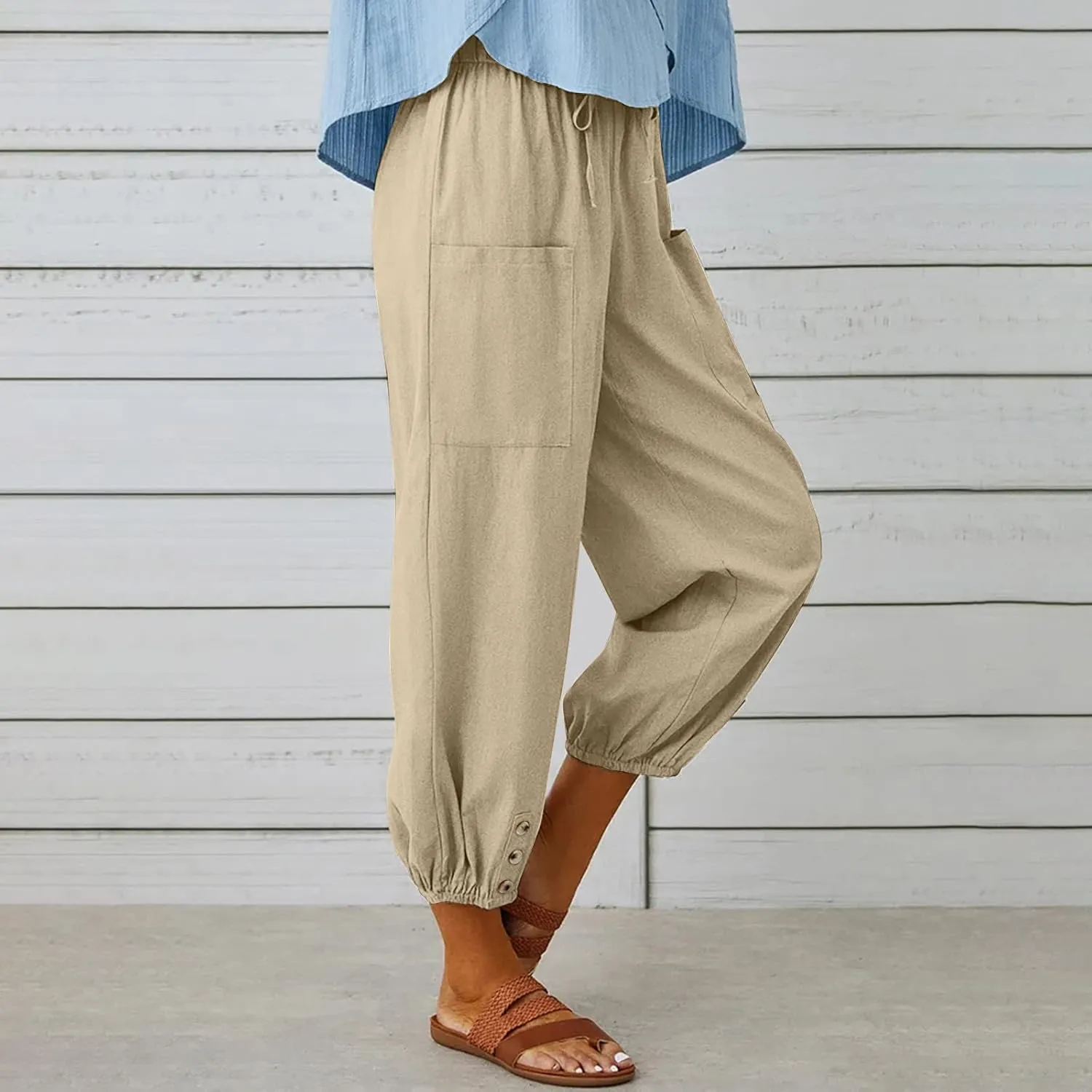 Womens Cotton Linen Pants Drawstring Jogger Pant Summer Loose Beach Trousers with Pockets Vacation Travel Clothes