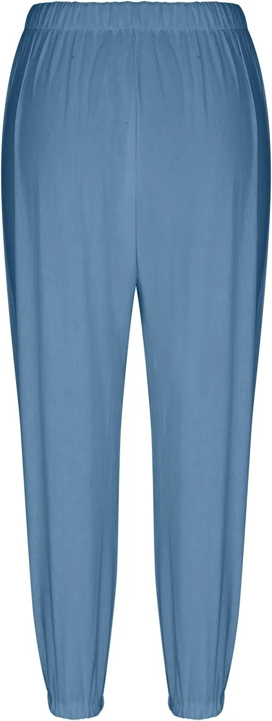 Womens Cotton Linen Pants Drawstring Jogger Pant Summer Loose Beach Trousers with Pockets Vacation Travel Clothes