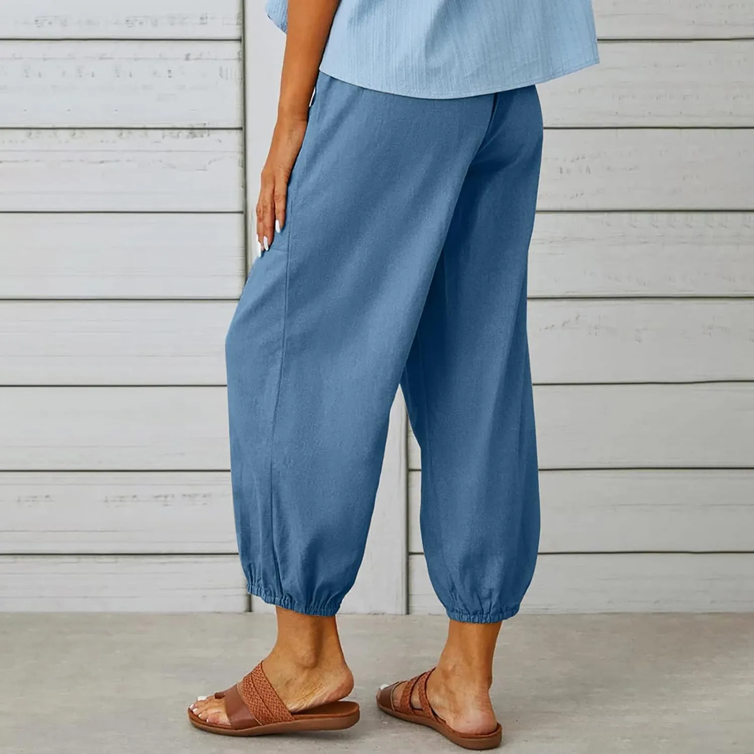 Womens Cotton Linen Pants Drawstring Jogger Pant Summer Loose Beach Trousers with Pockets Vacation Travel Clothes