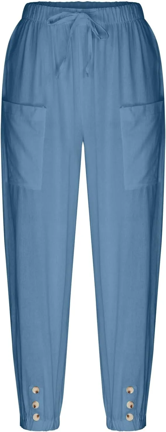 Womens Cotton Linen Pants Drawstring Jogger Pant Summer Loose Beach Trousers with Pockets Vacation Travel Clothes