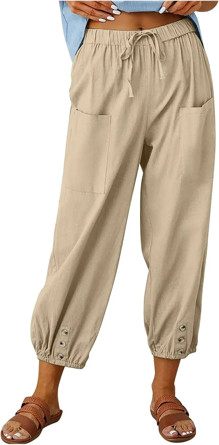 Womens Cotton Linen Pants Drawstring Jogger Pant Summer Loose Beach Trousers with Pockets Vacation Travel Clothes
