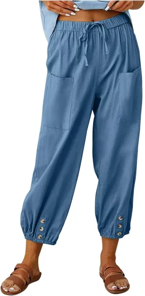 Womens Cotton Linen Pants Drawstring Jogger Pant Summer Loose Beach Trousers with Pockets Vacation Travel Clothes